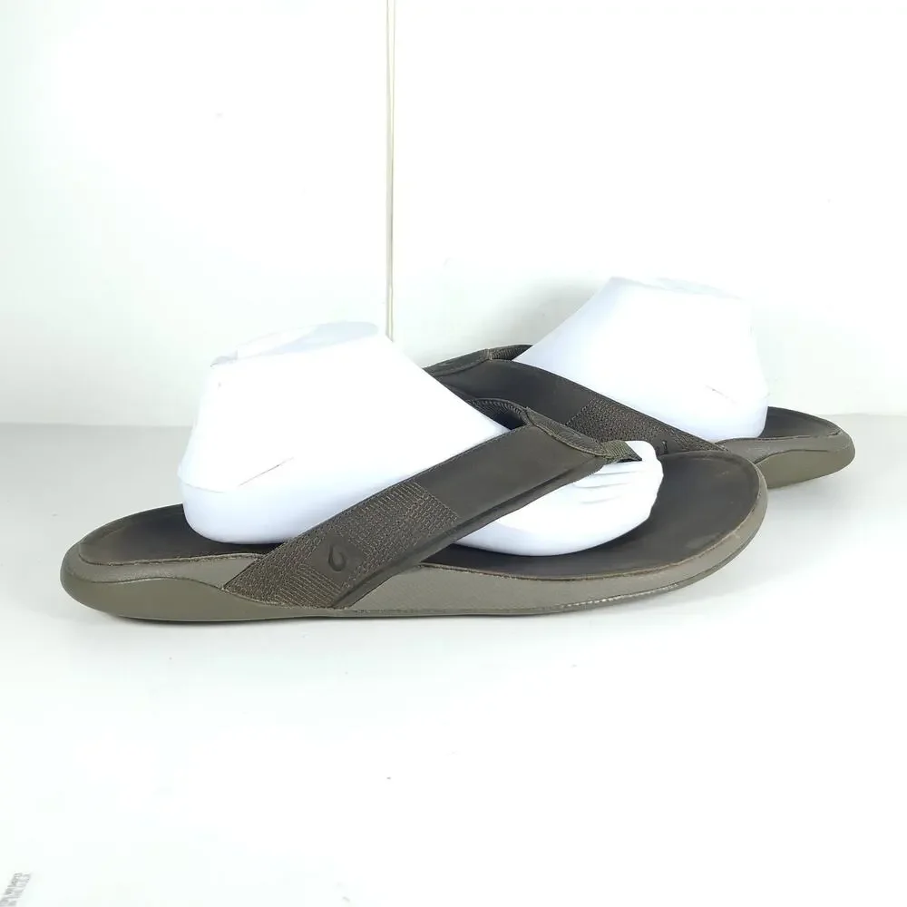 Olukai Men's Tuahine US13 Canteen Leather Waterproof Flat Thong Sandals